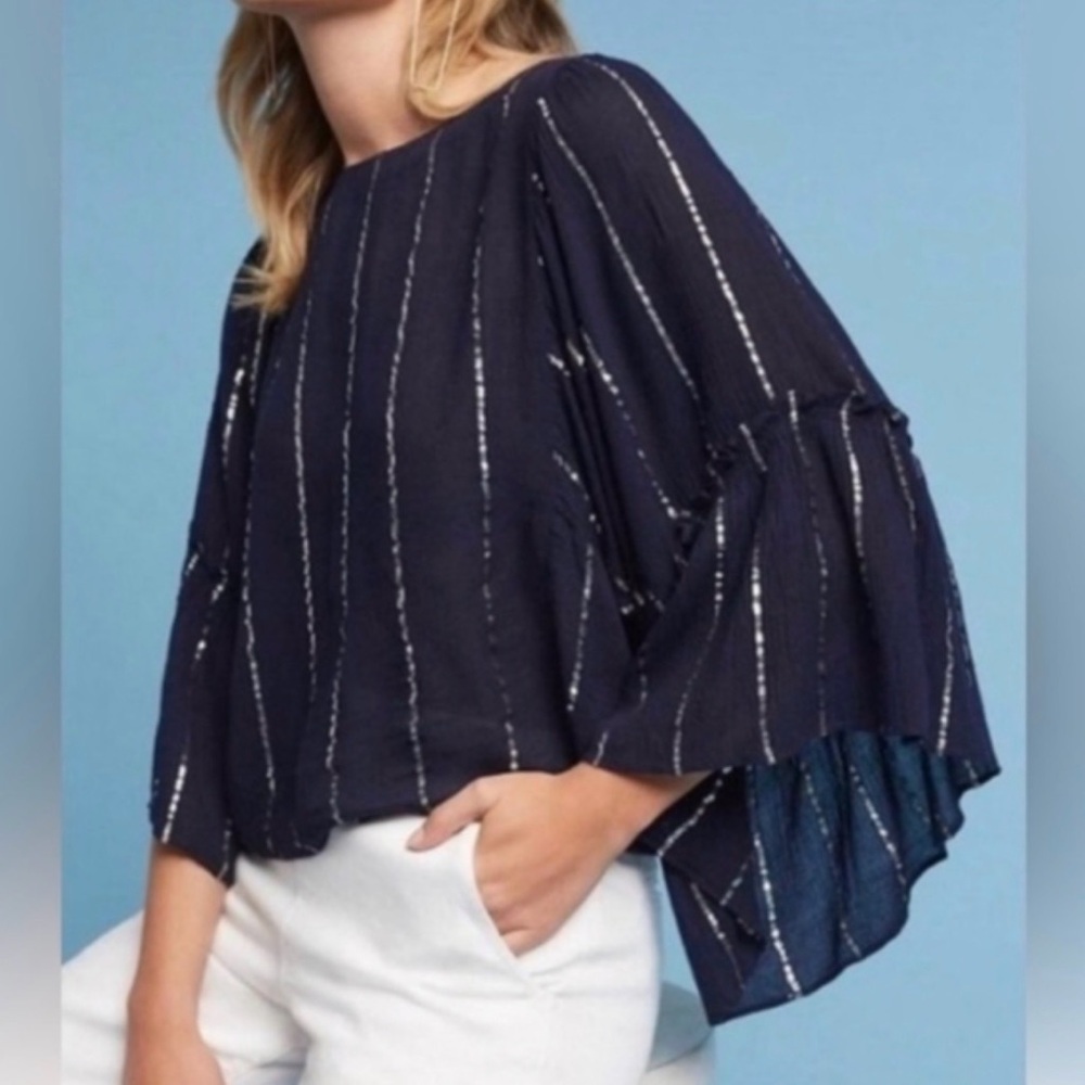 Anthropologie Navy Blouse with Silver Sequin Stripes